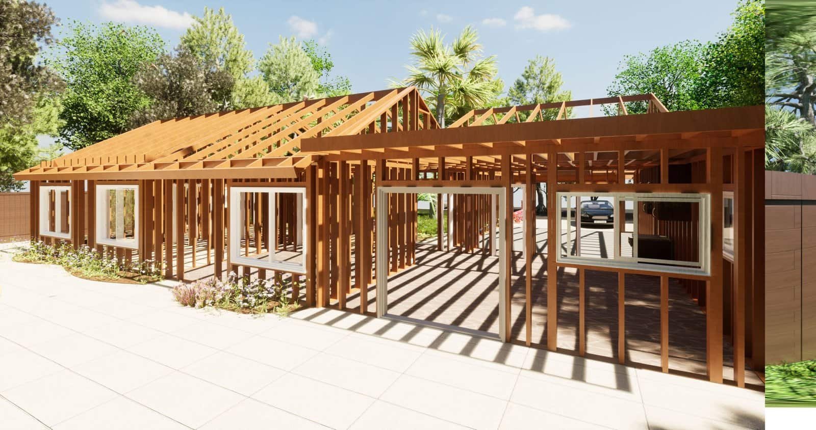 Modern wooden house under construction with framing and open windows, showcasing custom home building services by MBC Construction Inc.